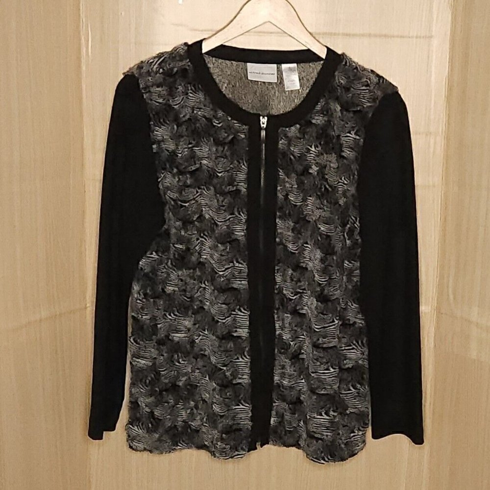 Alfred Dunner Black Grey Faux Fur Full Zip Knit Top 16